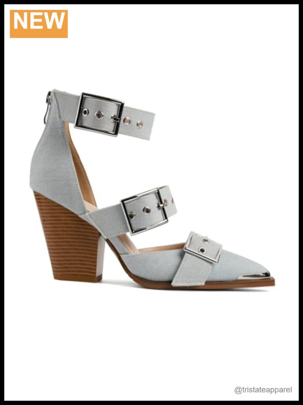 Western Pointed Toe Block Heel Pump Faux Leather Buckle Ankle Strap